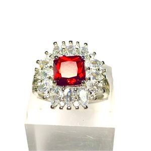 Garnet & CZ Gemstone Ring of 925 Sterling Silver Overlay (8.5)